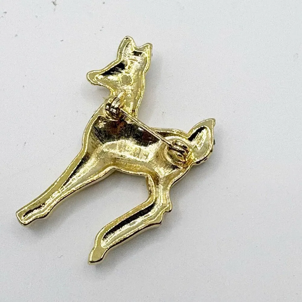 Gold Tone Reindeer Brooch Rhinestone Accents Costume Jewelry Christmas